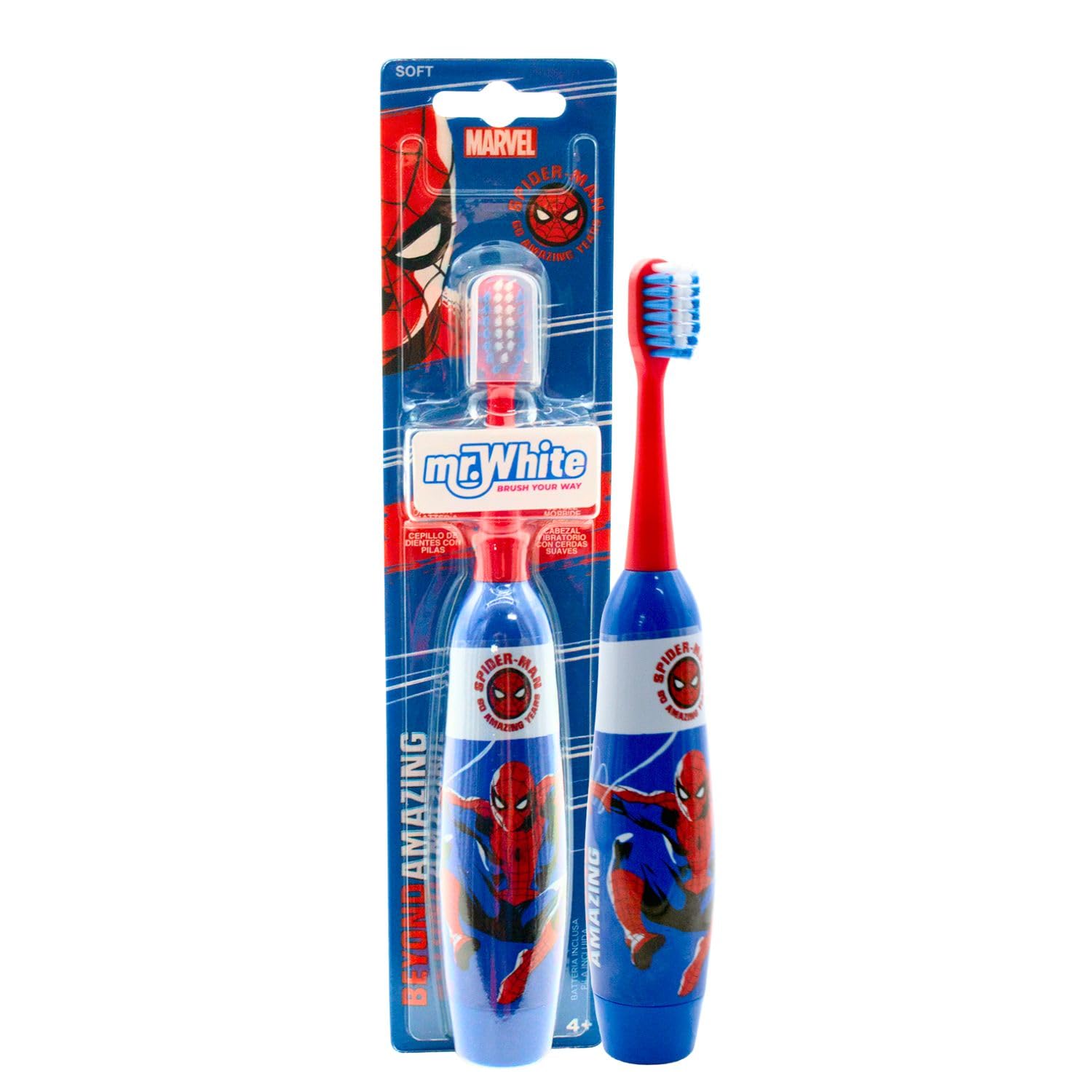 Marvel Spiderman Kids Battery Powered Electric Toothbrush with Soft Bristles, Enhanced Vibration, Protection Cap & Battery Included for Children Aged 4-14 Years Old, BPA-Free & Non-Toxic Toothbrush