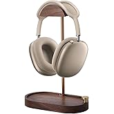 NIRVASH Headphone Stand Wood, Wooden Headphone Stand for Desk, Solid Walnut Headset Holder with Storage Base Compatible with Airpods Max, Bose, Razer, Sennheiser, Shure, Jabra, JBL, AKG, Brass