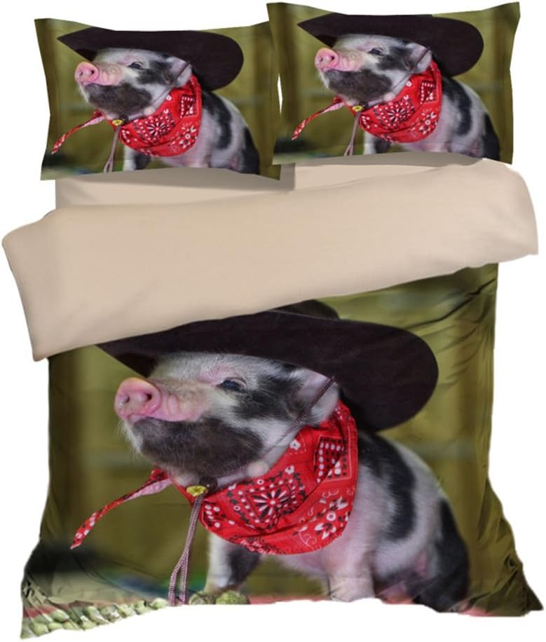 Eye-catching Funny Hat Pig Cotton Microfiber 3pc 90"x90" Bedding Quilt Duvet Cover Sets 2 Pillow Cases Queen Size