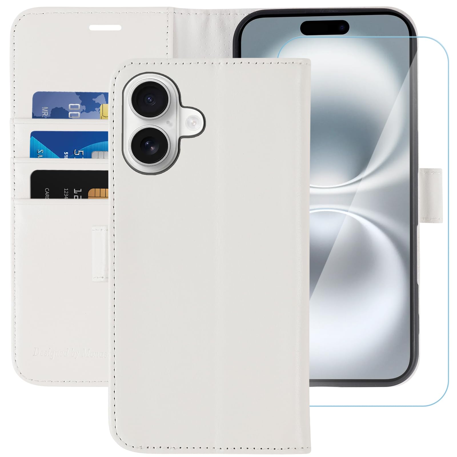 MONASAY for iPhone 16 5G wallet case,[Glass Screen Protector Included] [RFID Blocking] Flip Folio Leather Cell Phone Cover with Credit Card Holder, 6.1-inch, White
