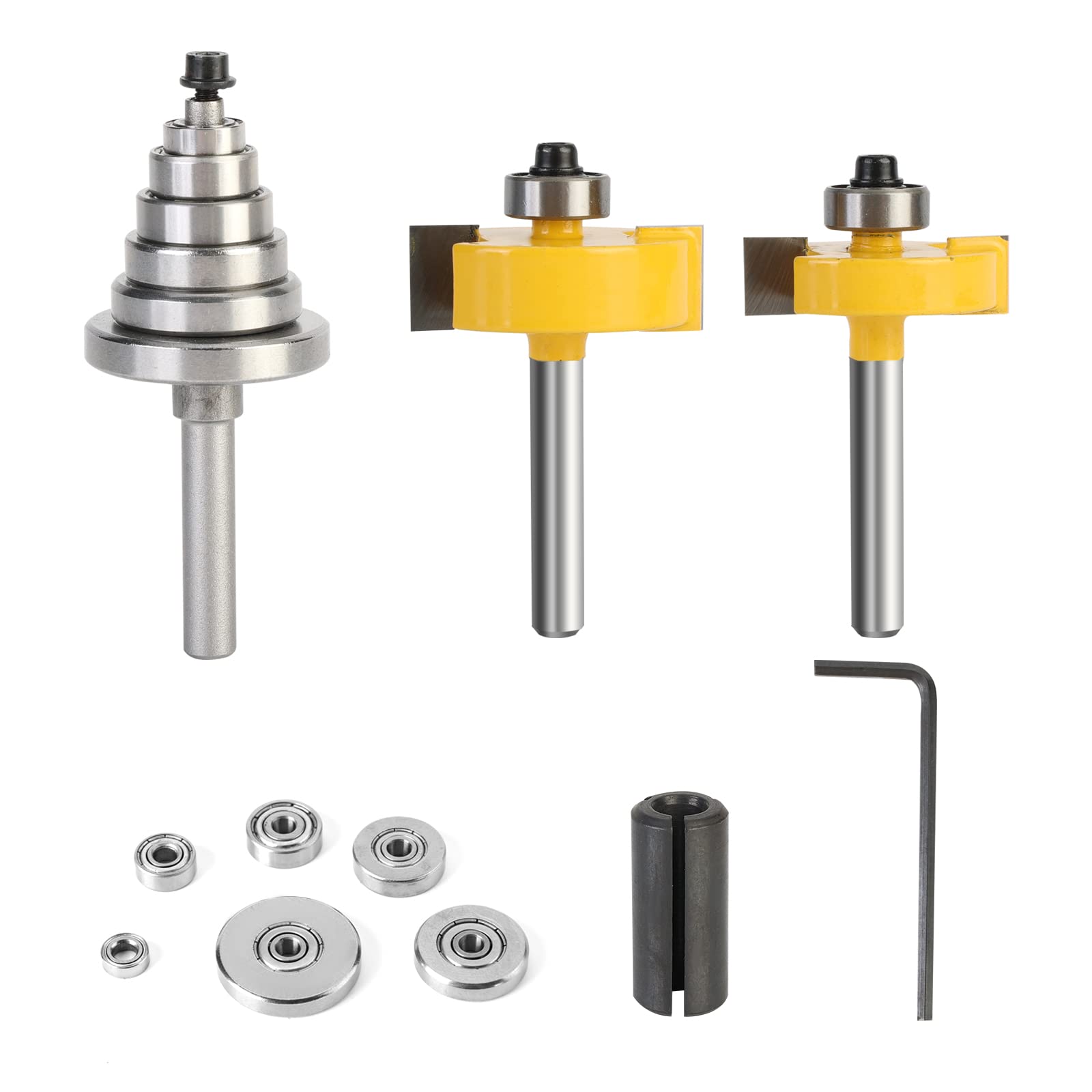 Yueqing Zhongji Rabbet Router Bit 1/4 Inch with 6 Bearings,Carbide Tipped Rabbeting Router Bit Set for (Multi Depths 1/2", 7/16", 3/8", 5/16", 1/4", 3/16", 1/8", 1/16") Interchangeable Bearings