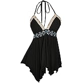 Verdusa Women's Y2k Boho Tops Embroidery Halter Top Backless Sleeveless Ruffle Peplum Shirts