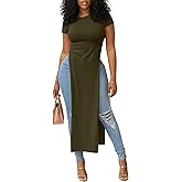 OPOIPIN Women's Crew Neck Split Slit Hem Short Sleeve Slim Fit Tee Top Long Shirt Tunic