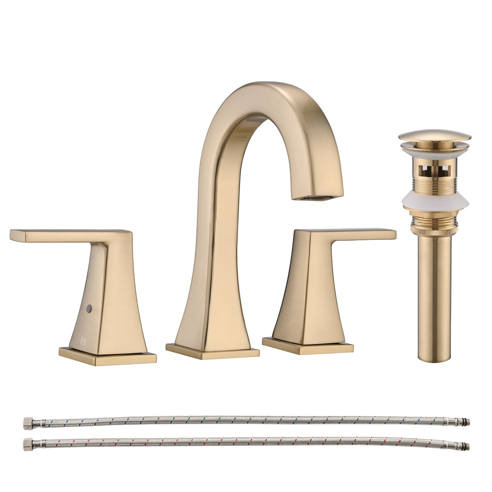 Photo 1 of Besfelos Bathroom Faucets for Sink, 2 Handle Widespread Bathroom Sink Faucet, 3 Hole Modern Stainless Steel Faucet with Pop-up Drain and Water Supply Lines, Brushed Golden