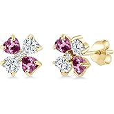 Gem Stone King 18K Yellow Gold Plated Silver Pink Tourmaline White Moissanite and White Lab Grown Diamond Earrings For Women | 1.87 Cttw | Gemstone October Birthstone | Heart Shape 4MM
