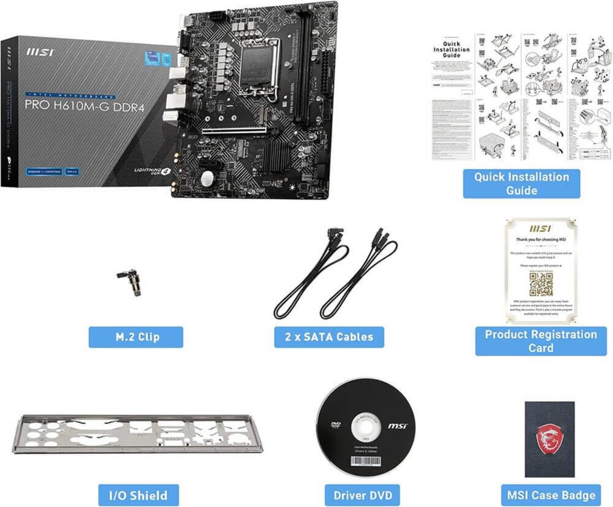 MSI PRO H610M-G DDR4 Motherboard (12th/13th/14th Gen Intel Core, LGA 1700 Socket, DDR4, PCIe 4, SATA 6Gb/s, 1Gbps LAN, M.2 Slots, USB 3.2, mATX)