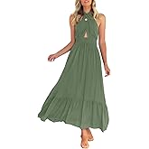 ZESICA Women's 2026 Summer Crossover Halter Neck Sleeveless Plaid Cut Out Backless Flowy A Line Maxi Dress
