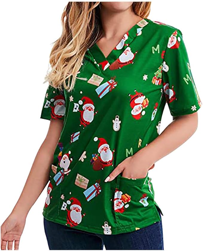 Christmas Tops Women Fashion V-Neck Printed Tunic Short Sleeve Casual Ladies T-Shirt Loose Pure 