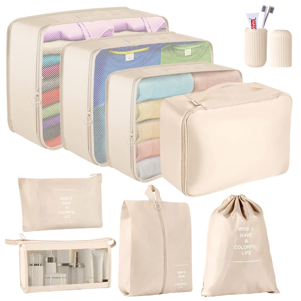 Blibly Packing Cubes for Suitcase, 9 PCS Lightweight Travel Luggage Organizers Set, Waterproof Luggage Packing Cubes for Travel Accessories(khaki)
