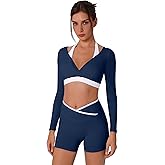 ABOCIW Womens Workout Sets Color Block Long Sleeve Crop Top with Built-in Bra Crossover Booty Shorts Yoga Gym Outfits