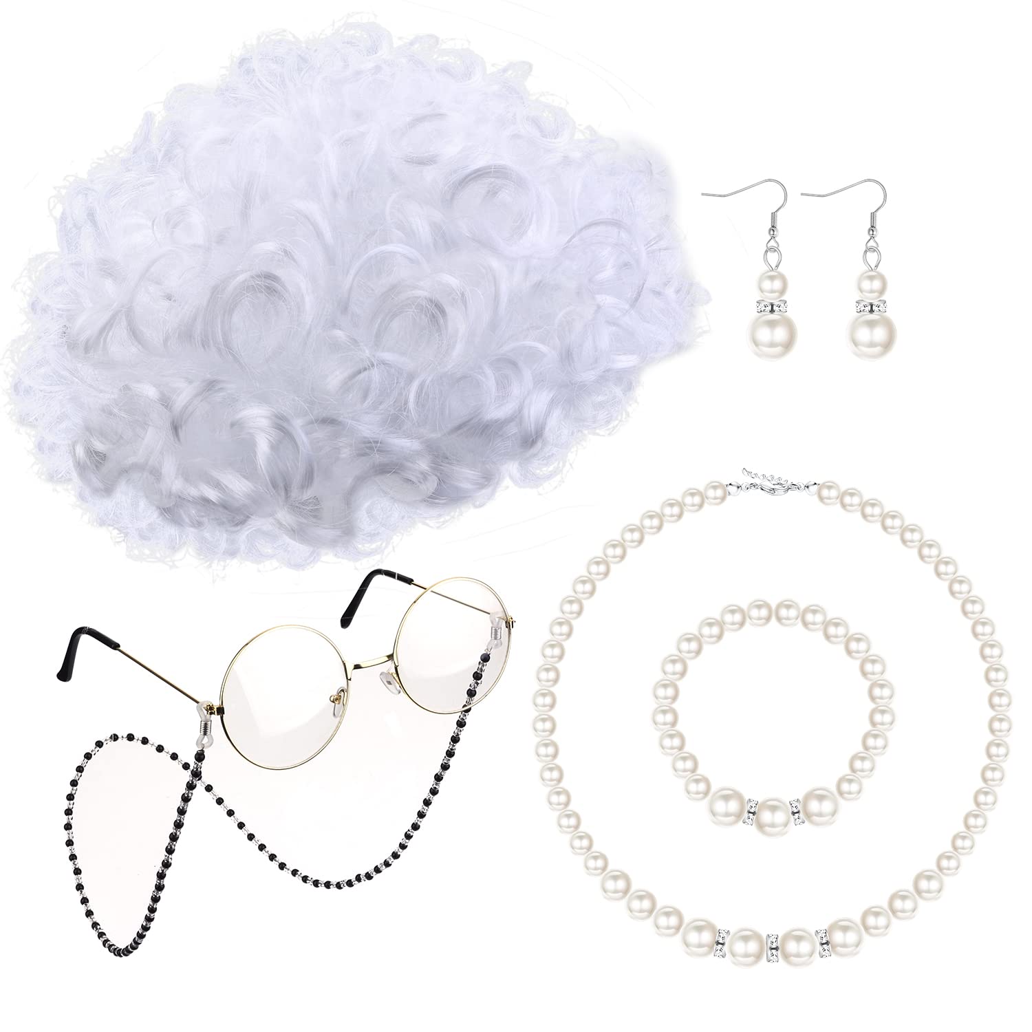 MILACOLATO Old Lady Costume Set Old Lady Wig Grandma Wig White Grey Black Granny Wig Cap Bead Chain Cords Artificial Pearl Necklace Bracelet Earrings Adult Fancy Dress Accessories Fits All, WhiteBoom