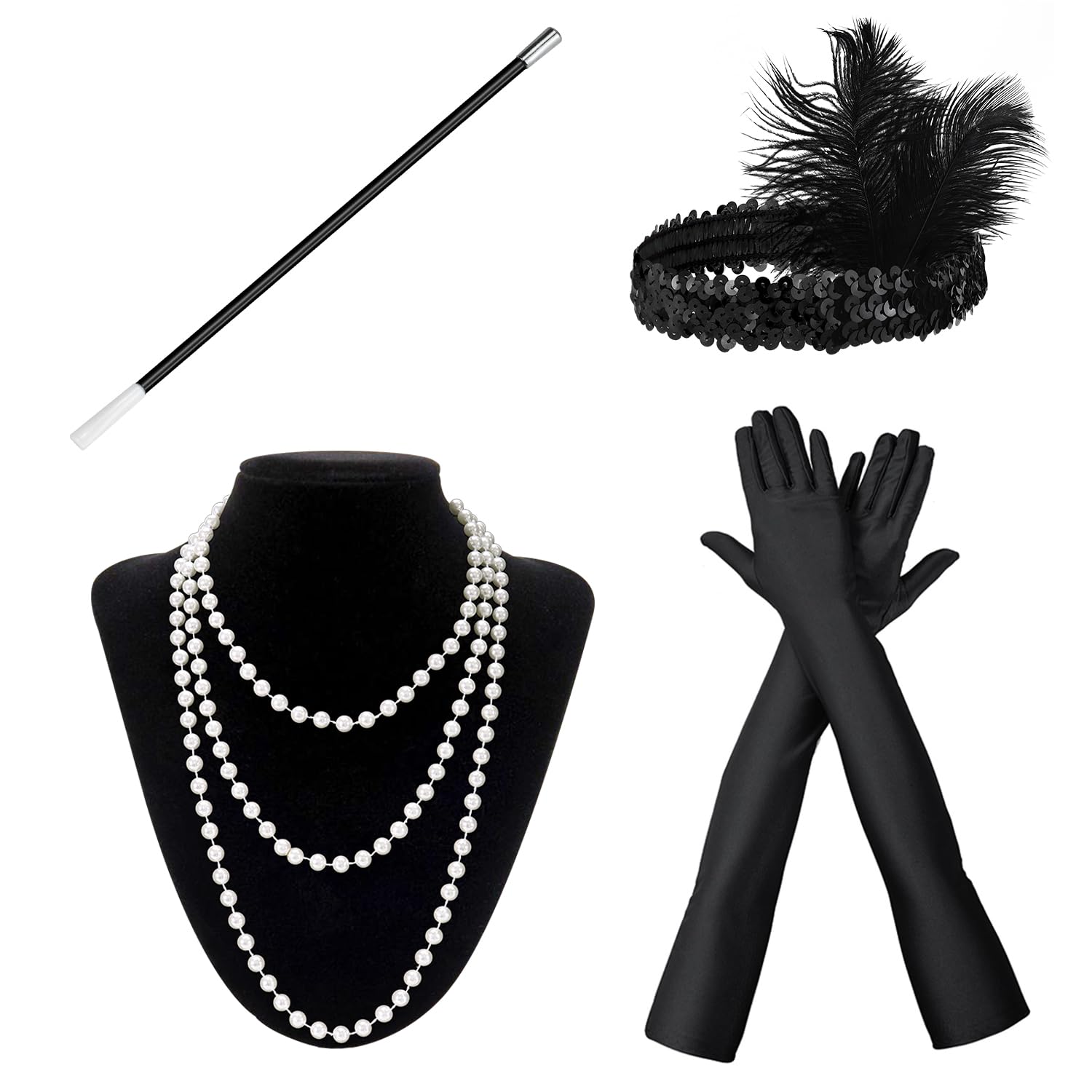 Miss Good 1920s Flapper Great Gatsby Accessories Set, Roaring 20's Theme for Women with Headband Headpiece Pearl Necklace Handheld Prop Black Gloves Fancy Dress Retro Carnival Festival Christmas