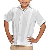 Kids Boys Linen Guayabera Shirts Short Sleeve Button Down Spread Collar Summer Solid Plain Cuban Tops