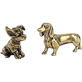 MHYGKTXRA 2pcs Golden Dog Figurines: Vintage Brass Statues Decorative Brass Animal Ornament DIY Craft Small Metal Dog Desktop Ornament for Rustic Office Home Decor Wall Art Gift