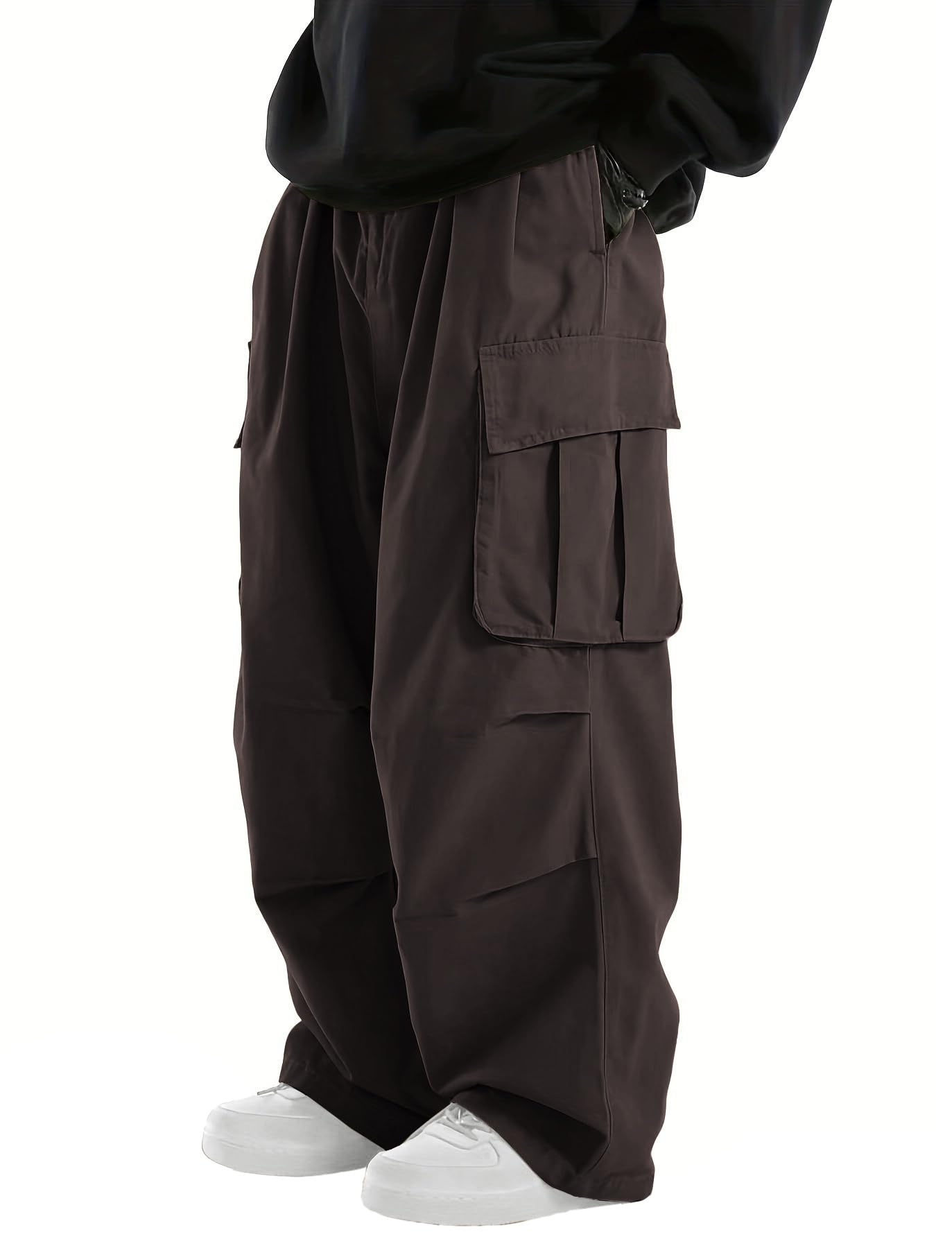 Photo 1 of WZIKAI Men's Baggy Cargo Pants Elastic Waist Drawstring Parachute Cargo Pants Casual Loose Fit Joggers Hiking Hip Hop Pants with Pockets Brown XXXL