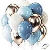 Bezente Dusty Blue Gold Balloons Kit, 60pcs 12 inch Dusty Baby Blue Sand White Champagne Gold Helium Latex Balloons for Baby Bridal Shower Gender Reveal Wedding Engagement Birthday Party Decorations