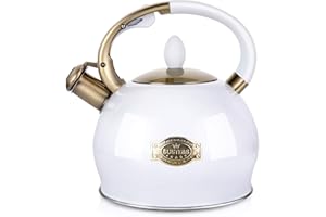 SUSTEAS Stove Top Whistling Tea Kettle - Food Grade Stainless Steel Teakettle Teapot with Cool Touch Ergonomic Handle, With 1 Silicone Pinch Mitt Included, 2.64 Quart(WHITE)