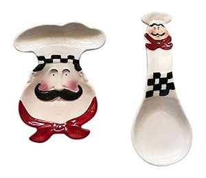 Fat Chef Spoon Rest and Kitchen Plate 2 Item Bundle