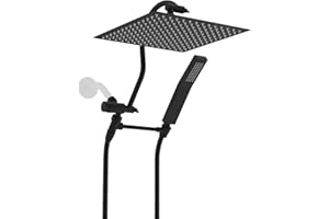 Hibbent All Metal Shower Head, 12'' High Pressure Rainfall Shower Head, Showerhead Combo/Handheld Shower Wand, 12'' Adjustable Curved Shower Extension Arm, 71'' Hose, 2 Shower Holders, Matte Black