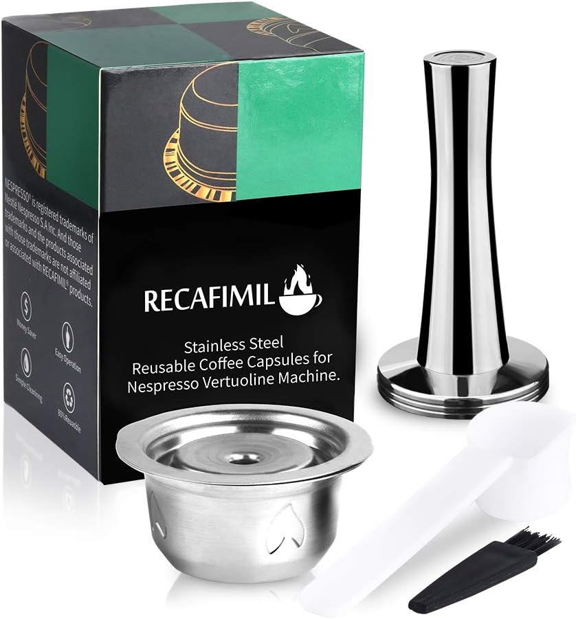 Lossky Stainless Steel Capsule Reusable Capsule Pods Set with Powder Tamper & Spoon & Brush for NESPRESSO Vertuoline GCA1 Delonghi ENV135 ENV150 and VertuoPlus BNV450WHT1BUC1