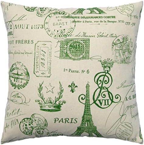 JinStyles Paris Eiffel Tower Stamps Cotton Canvas Decorative Throw Pillow Cover (Beige and Green, 16 x 16)