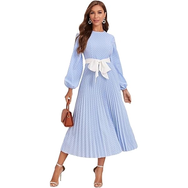 SJKTOJWC 2024 Women's Midi Dress Long Sleeve Neck Pleated Hem