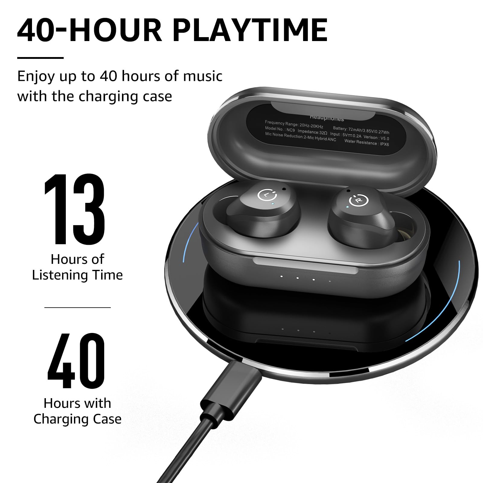 TOZO NC9 Hybrid Active Noise Cancelling Wireless Earbuds, in Ear Headphones IPX6 Waterproof Bluetooth 5.3 Stereo Earphones, Immersive Sound Premium Deep Bass Headset Matte Black. - Image 5