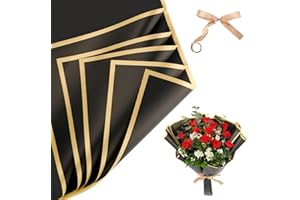 Sawnfay 20 Sheets Flower Wrapping Paper, Waterproof Bouquet Wrapping Paper, Floral Wrapping Paper with Ribbon, Ideal for Wedding, Birthday, DIY Projects - 22.8x22.8inch (Black)