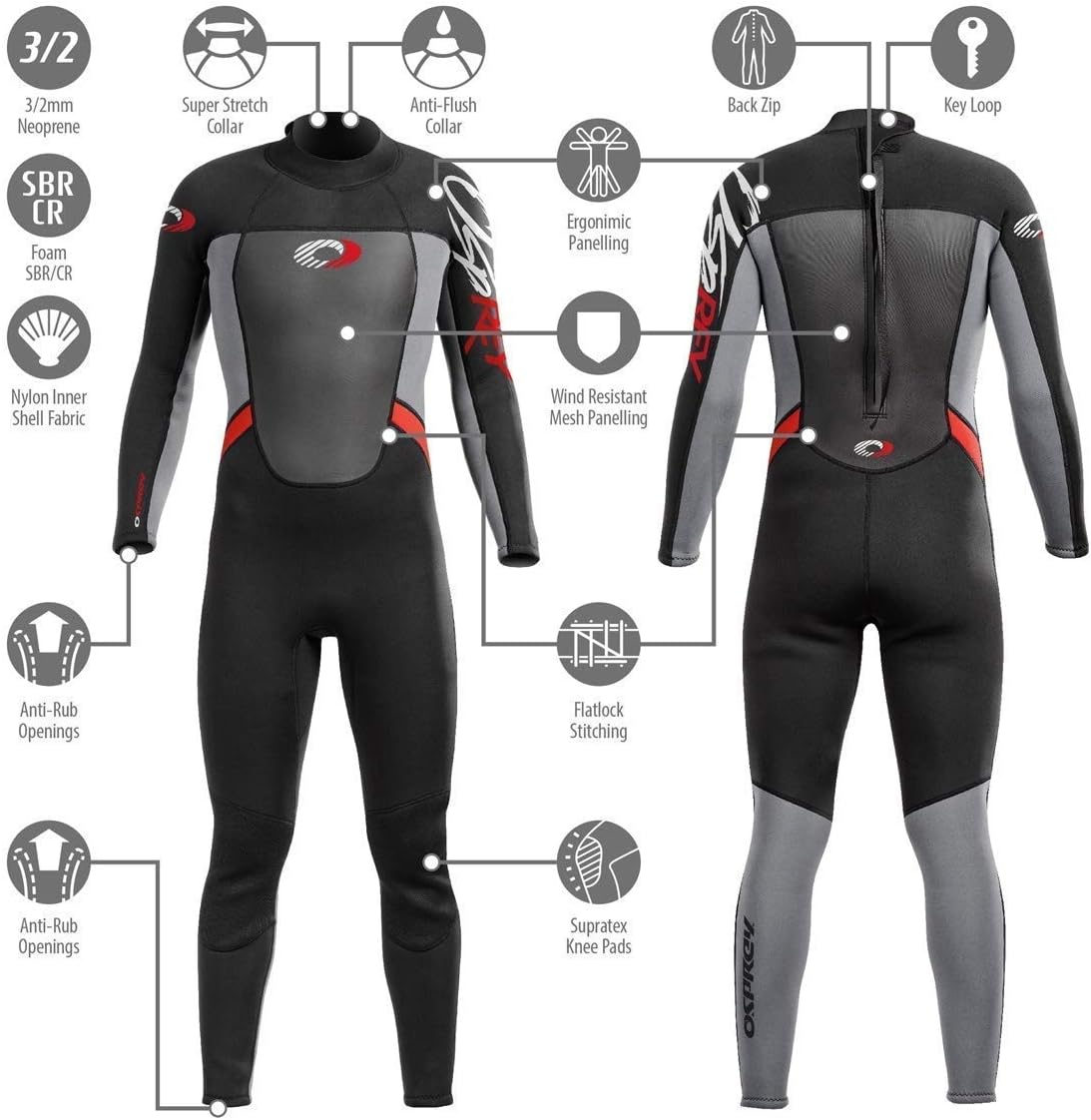 Osprey Men’s Full Length 3 mm Summer Wetsuit, Adult Neoprene Surfing