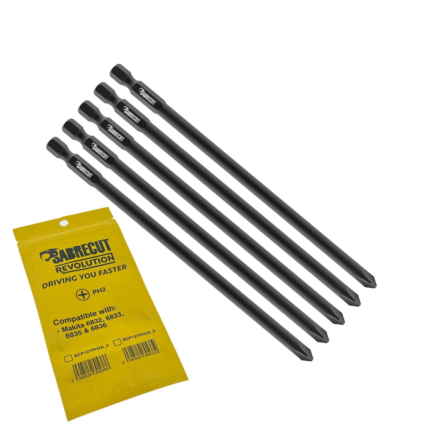 5 x SabreCut SC127PH2A_5 127mm PH2 Compatible with Makita 6832 6833 6835 6836 6837 DWD P-66254 Autofeed Collated Drywall Screwdriver Gun Bit Single Ended Phillips No.2 Heavy Duty