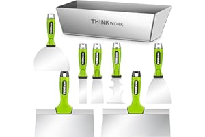THINKWORK Drywall Tools - 8Pcs Stainless Steel Drywall Knife Set with Putty Knife, Taping Knives, Painter Scraper & 10" Mud Pan, Spackle Tool Set for Joint Taping, Finishing & Patching