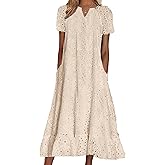 chouyatou Women Summer Ruffle Hem Floral Lace Eyelet Dress Casual Notch Neck Midi Tunic Dress with Pocket