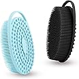 Silicone Body Scrubber, Exfoliating Silicone Body Shower, Silicone Loofah 2 in 1 Bath and Shampoo Brush, Body Scrubber Shower Cleaning Exfoliating for Sensitive Skin, Lather Well 2 PCS Black and Blue