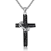 HUKKUN Black Cross Necklace Sterling Silver Jesus Thorn Crown Cross Necklace for Men Catholic Jewelry Gift for Father Brother Boyfriend Son