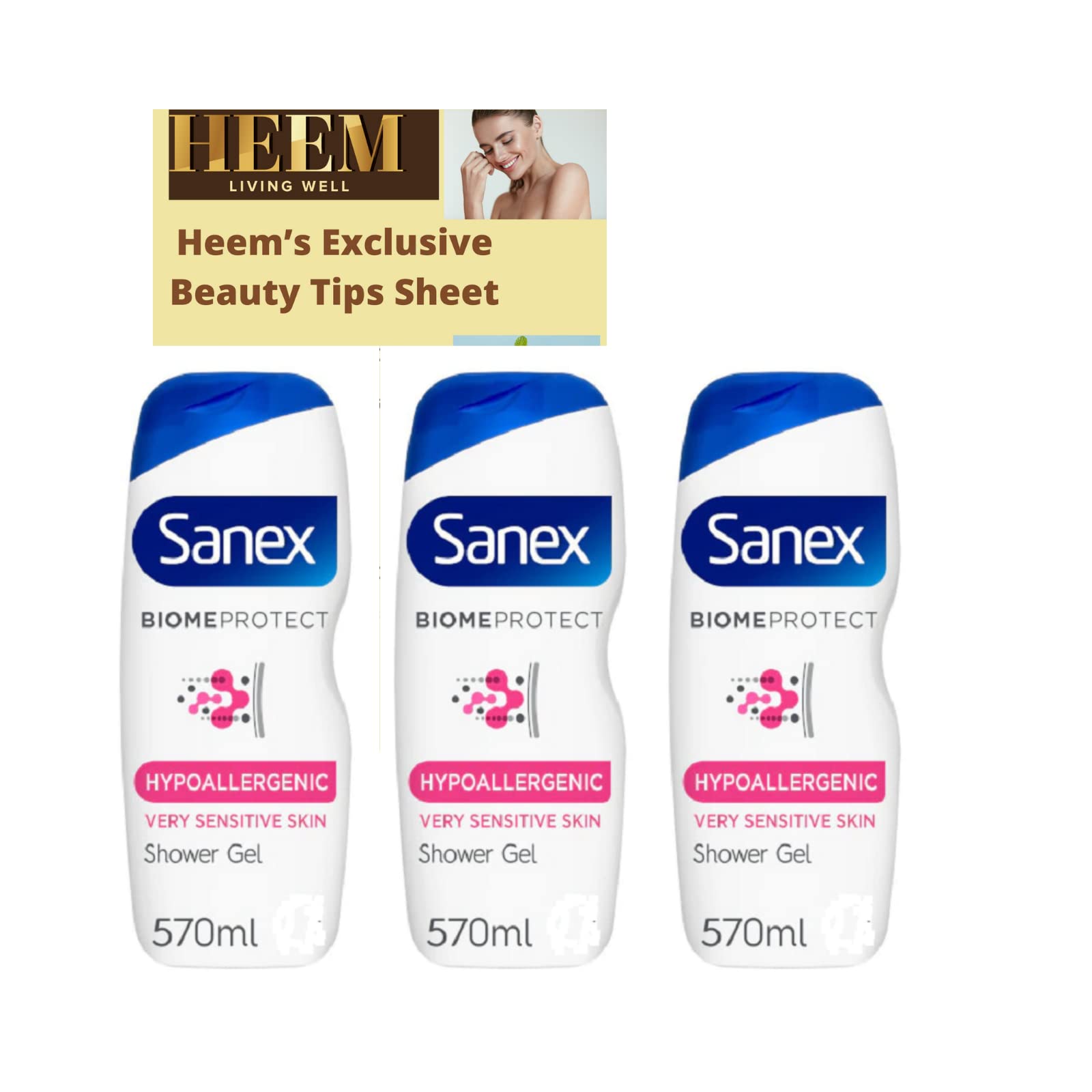 Multipack Of Shower Gel Sanex Hypoallergic body wash - For Very Sensitive Skin 570ml x3 Bundle With Exclusive Heem’s Beauty sheet