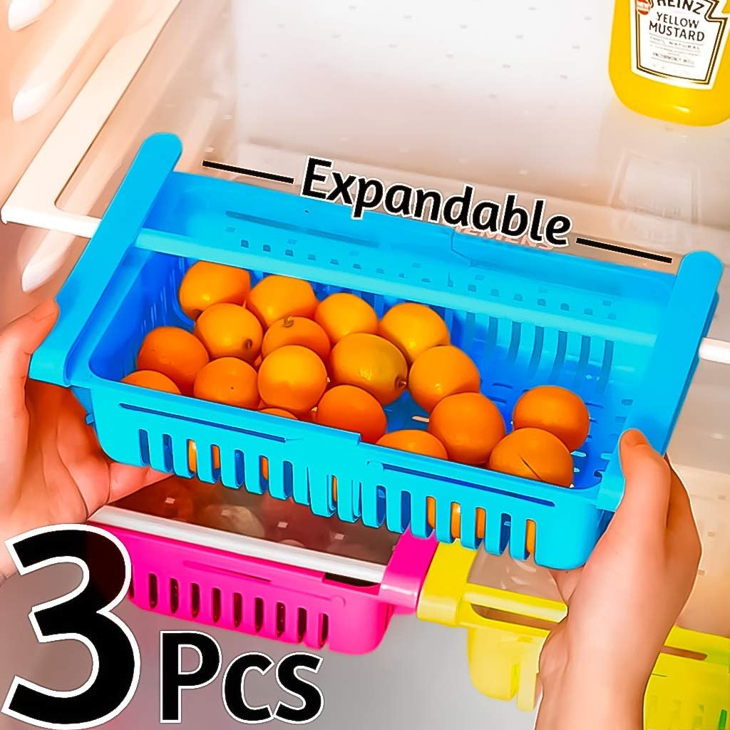 Angel Bear 3 Pcs Expandable Adjustable Fridge Storage Basket Under Shelf Fridge Organiser Rack Space Saver Refrigerator Sliding Drawers - Unbreakable, Random Colours (Made in India)