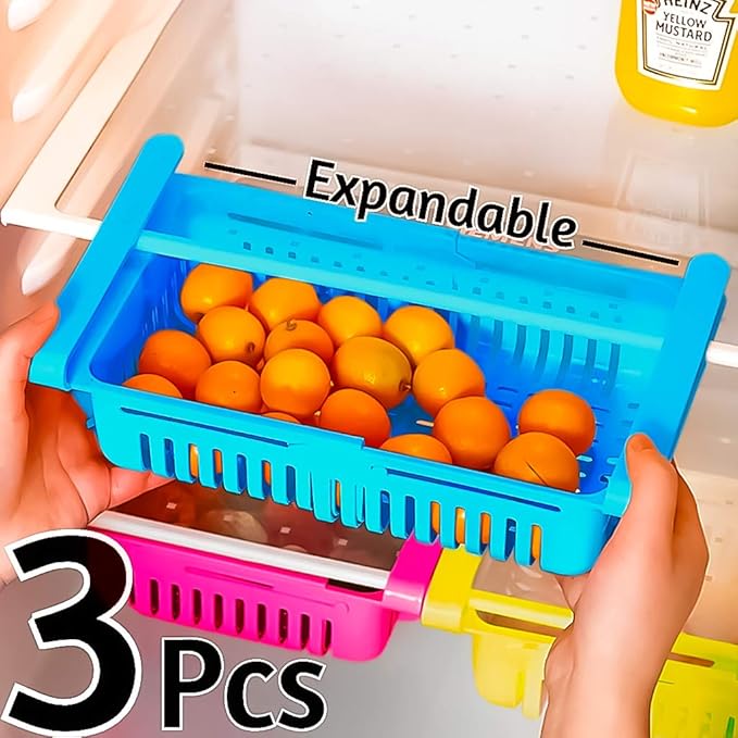 Angel Bear 3 Pcs Expandable Adjustable Fridge Storage Basket Under Shelf Fridge Organiser