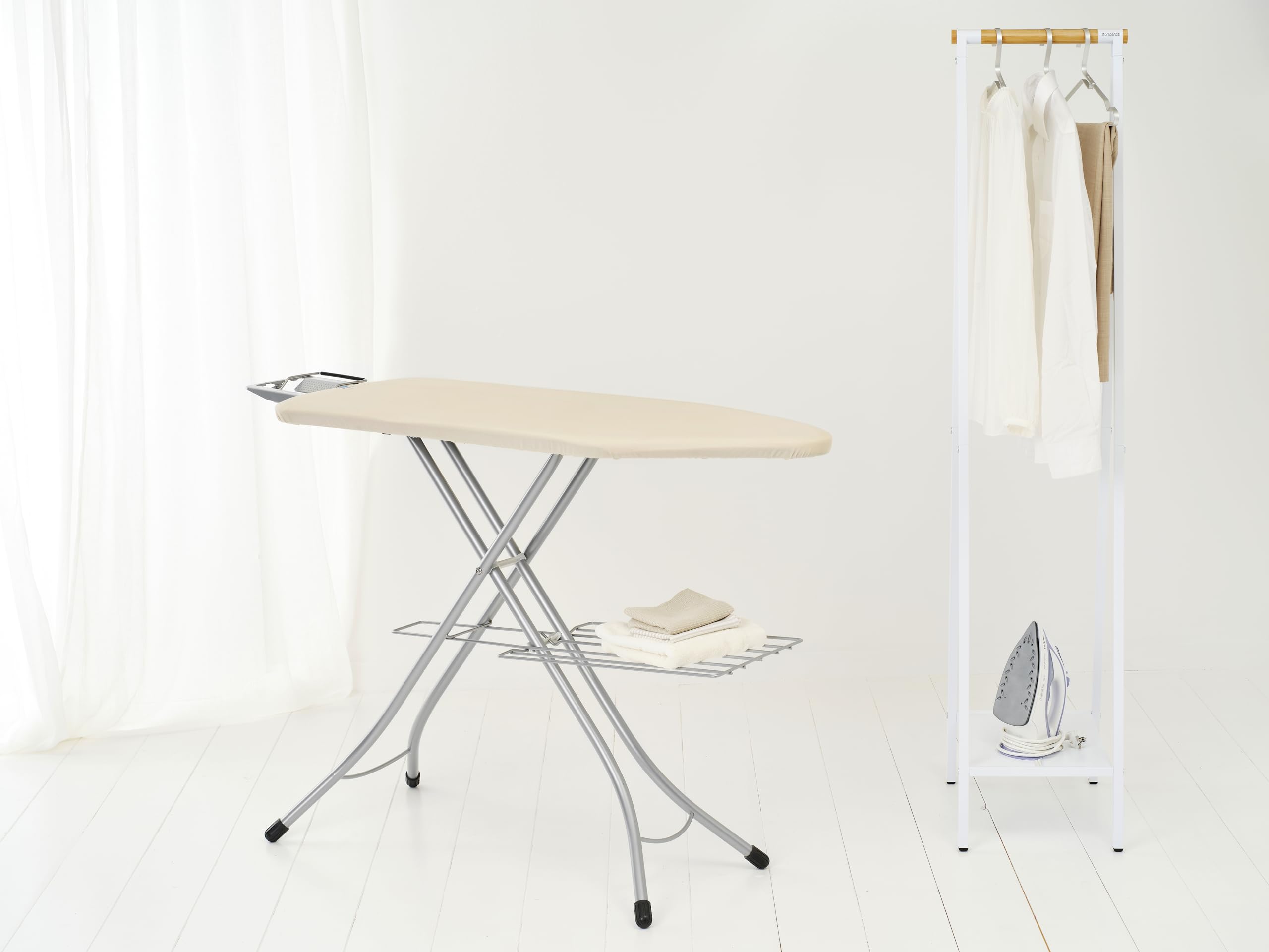 Brabantia Size C Ironing Board (49 x 18in) 7 Height Options, Adjustable Steam Iron Rest Holder & Linen Rack (Ecru) Non-Slip Feet, Anti-Collapse Child Locks