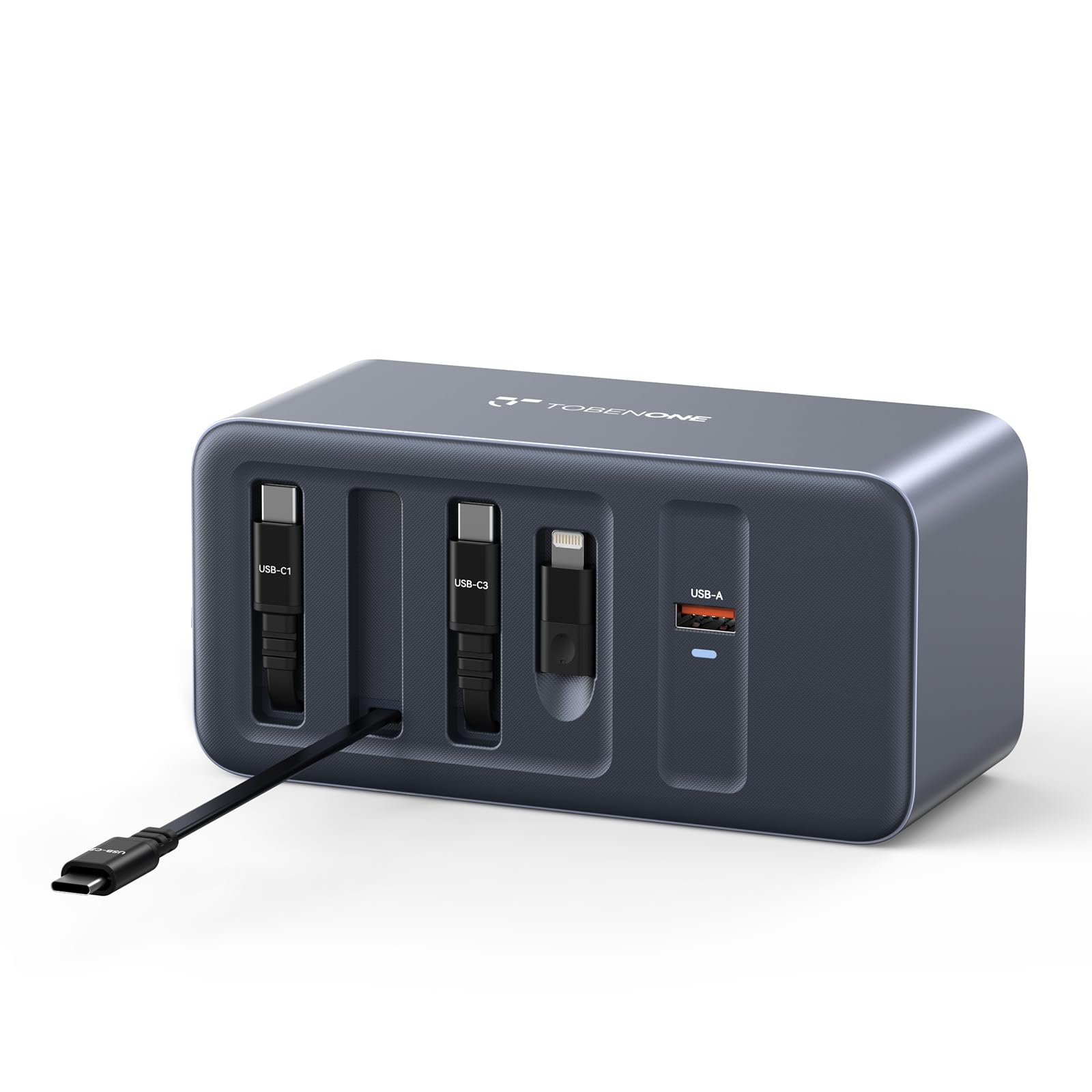 TobenONE 165W USB C Charging Station with Built-in Retractable Cable(2.3ft) & Lightning Adapter, 3 USB C, 1 USB A, 100W Desktop Fast Charging for MacBook, iPhone 17, iPad, Samsung, Home, Office
