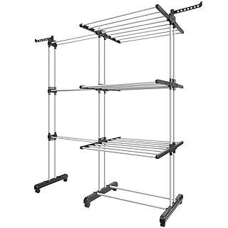 Tomons Wäscheständer Turm, Wäschetrockner Groß, Edelstahl Mobiler Turm mit Seitenflügeln mit Rollen, Standfester Verstellbares Ausziehbares Trockengestell, Klappbar Trockenregalen Trockenständer