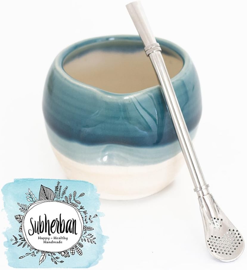 Yerba Mate Tea Gourd Cup + Bombilla Strainer Straw Set - Handmade Ceramic Pottery for Loose Leaf Tea