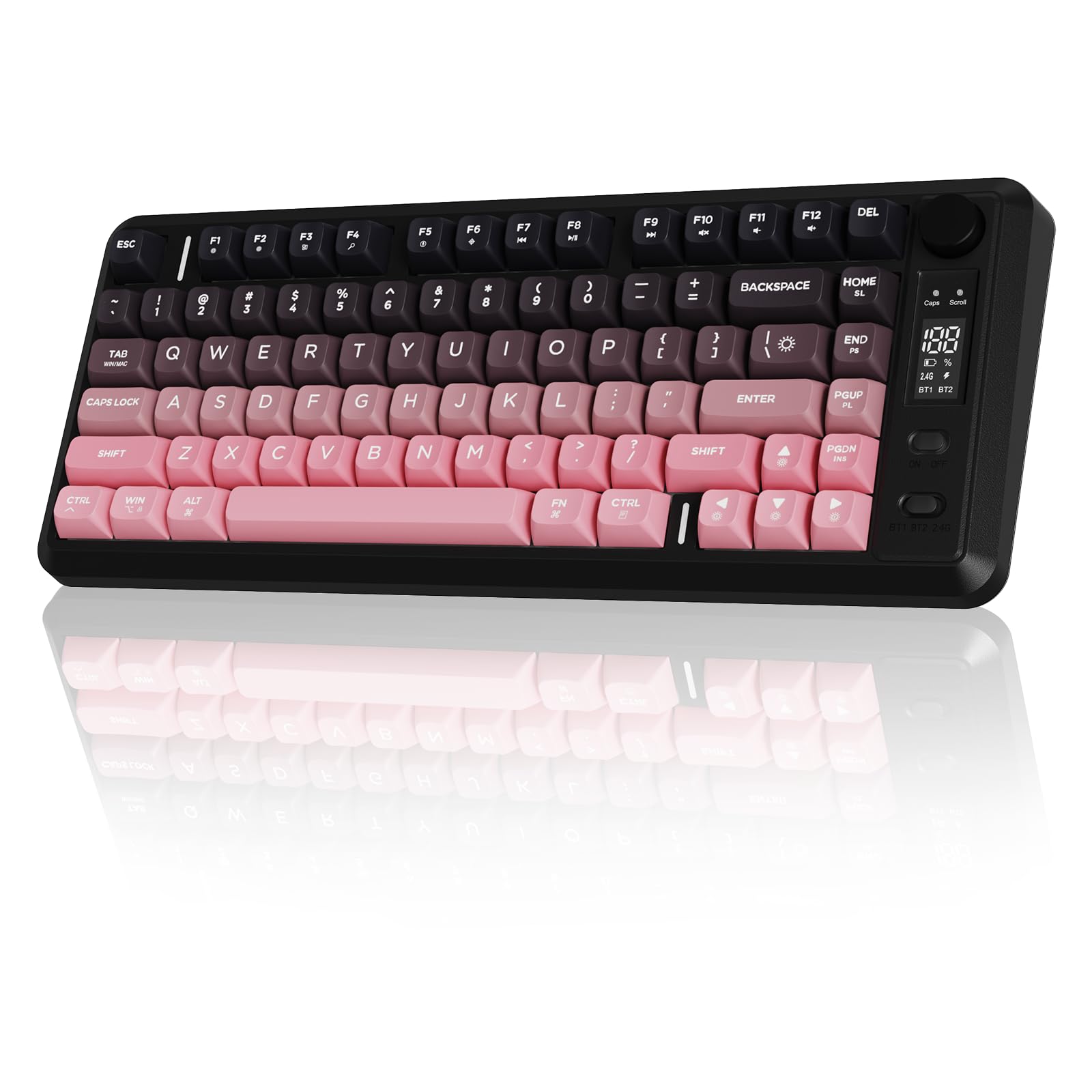 FREEWOLF M75 Wireless Gaming Keyboard Mechanical Feel Membrane with Knob & OLED Display Bluetooth/2.4Ghz Rainbow Backlit Gradient PBT Keycaps 2000mAH Battery Anti-Ghosting-Pink