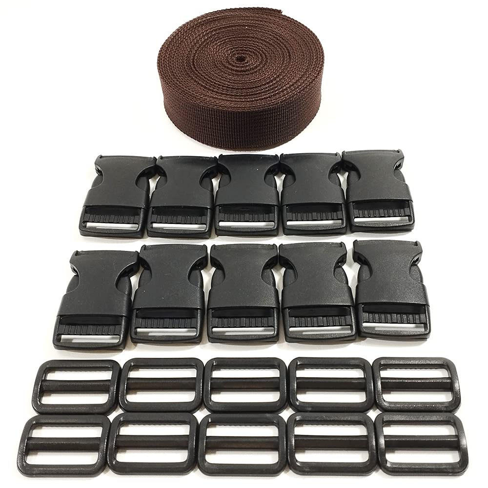 Backpack Strap (5 Meter x 20mm) + 20 Plastic Buckles, Backpack Ribbon for Sewing, Tie Cases Strap, Suitcase Luggage Holding Straps, Brown Strap (20 MMX 5 m, 303)