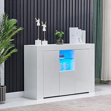 Amazon Com Homesailing Kitchen Sideboard Cupboard With Led Light White High Gloss Dining Room Buffet Storage Cabinet Hallway Living Room Tv Stand Unit Display Cabinet With Drawer And 2 Doors Kitchen