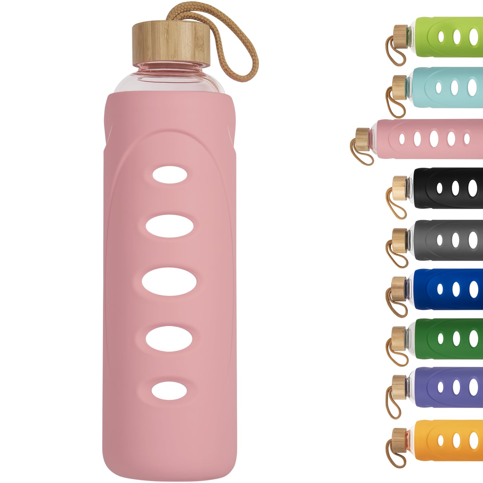 Ferexer 1 litre / 1l / 1000 ml Sport Borosilicate Glass Water Bottle with Protective Silicone Sleeve and Bamboo Lid (pink)