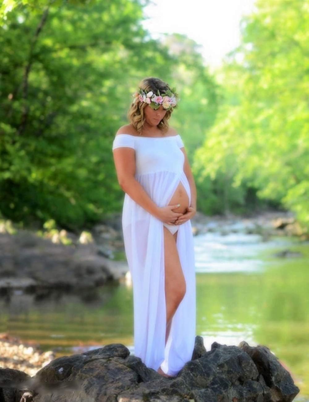 JustVH Maternity Off Shoulder Chiffon Gown for Photography Split Front Maxi Pregnancy Dress for Photoshoot at  Women’s Clothing store