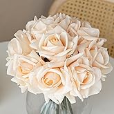 DUYONE Artificial Roses Single Stem 10pcs Fake Silk Flower Arrangement Bouquet for Home Party Wedding Decoration(Pink Champagne)