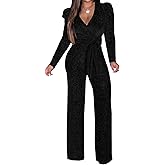 Women's Sparkly Jumpsuits Sexy Long Sleeve Cocktail Elegant Mock Neck Bodycon Straight Long Pants Rompers with Pockets