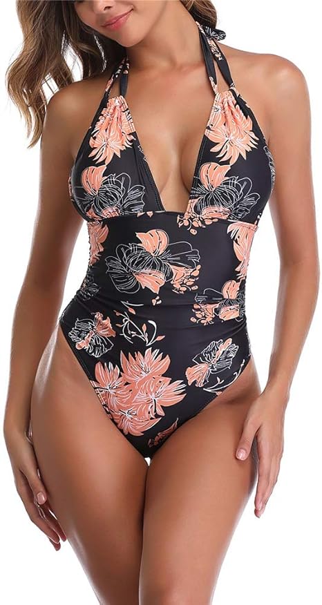 Amazon Co Jp レディース 水着 ワンピース 女性のファッションホルターネックワンピース水着 モノキニはvネックスイミングコスチュームセクシーな背中の開いた水着水着プランジ 水着 ワンピース レディース 連体式 タンキニ 色 Black Pink Chrysanthemum サイズ S