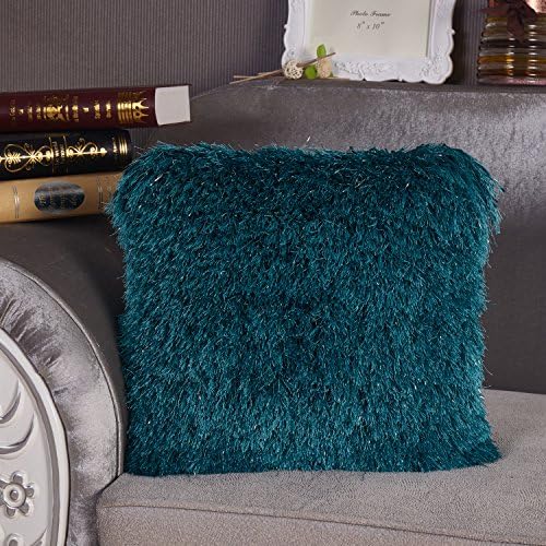 Amazing Rugs Turquoise Long Pile Pillow with lurex Rug Decorative Shaggy Pillow